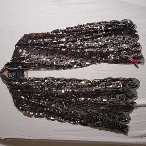 Betsey Johnson Black Gold Sequin Scalloped Edge Scarf